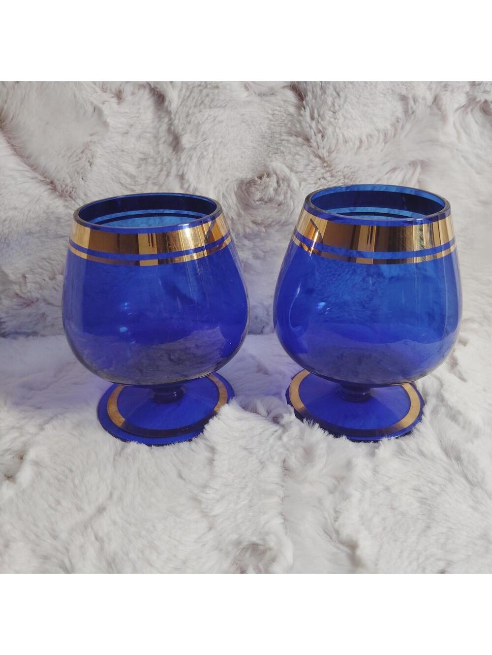 Vintage Cobalt and Gold Trim 8 oz. Brandy Snifters Set of 2 Flawless
